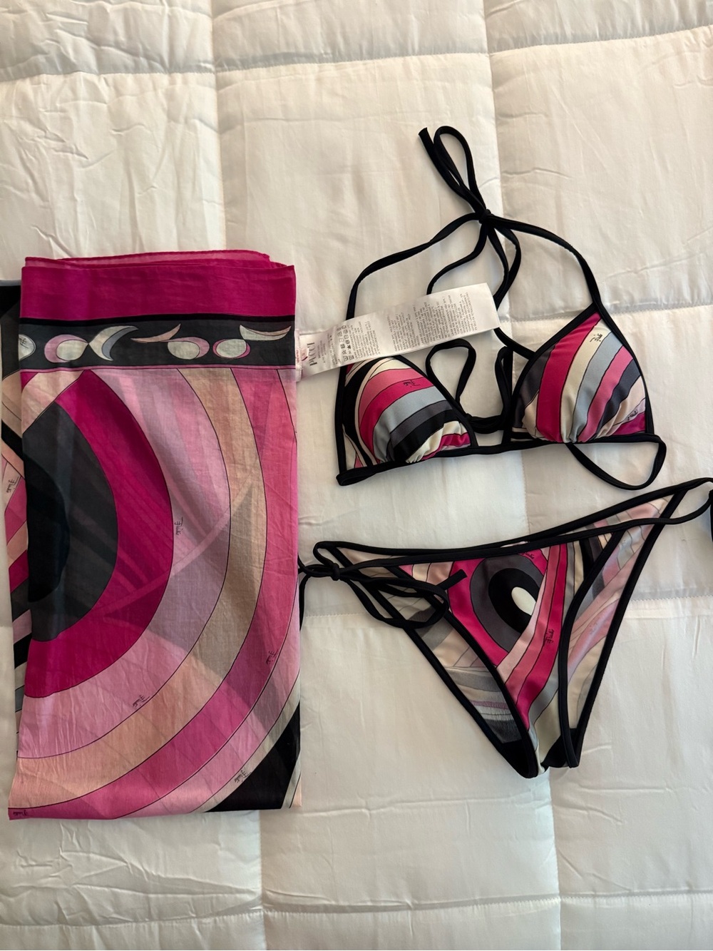 Emilio Pucci Pink Black Purple Striped Triangle Bikini with Matching Pareo